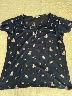 LOFT Navy Floral Flutter Sleeve Smocked Shoulder Blouse